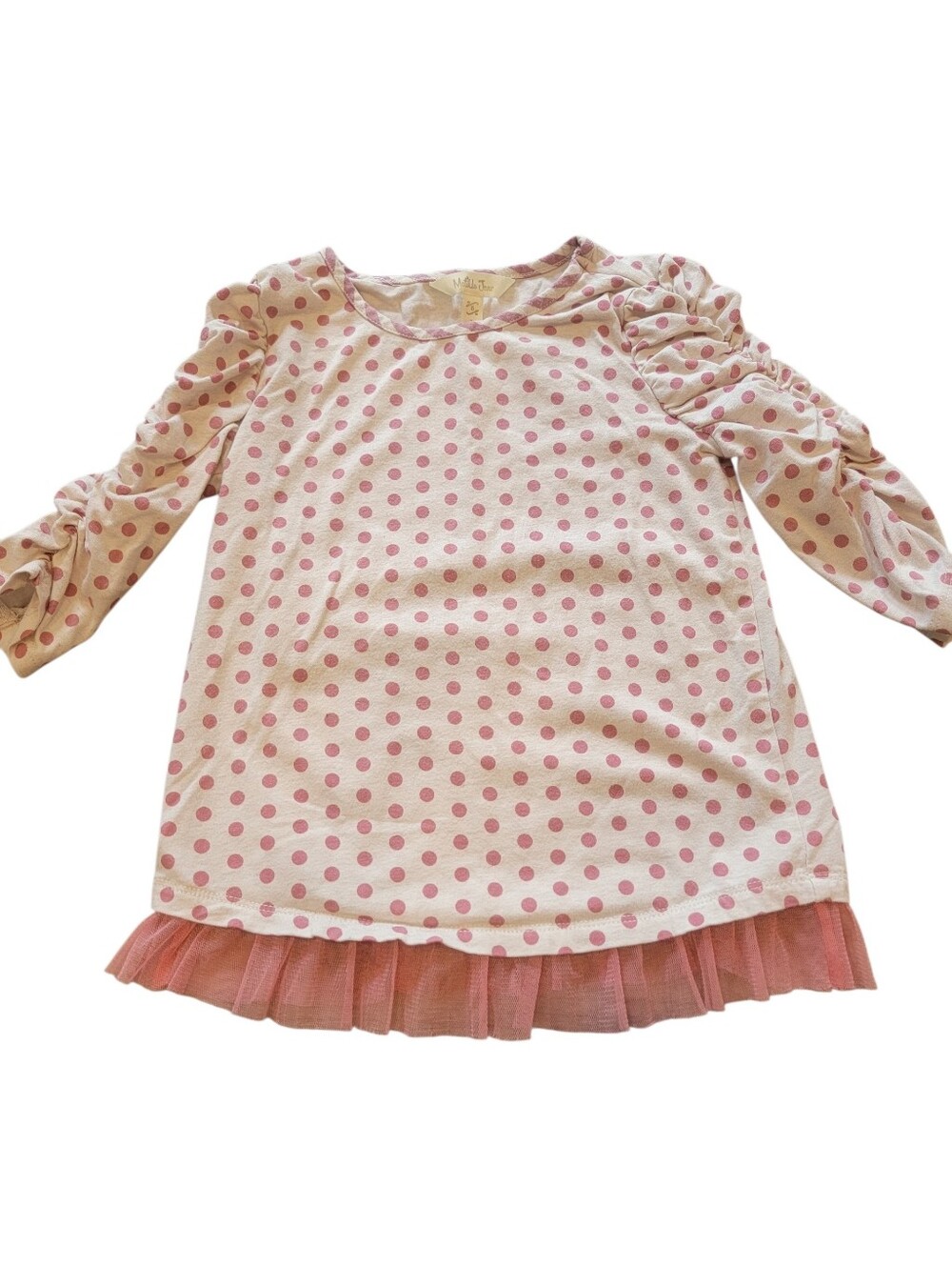 Matilda Jane Girls Pink White Polka Dot Tulle Hem Ruched Sleeve Tunic Top Size 6